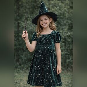 Green Velvet Star Print Puff Sleeve Dress 10/12 Celestial Whimsical Witchcore Et
